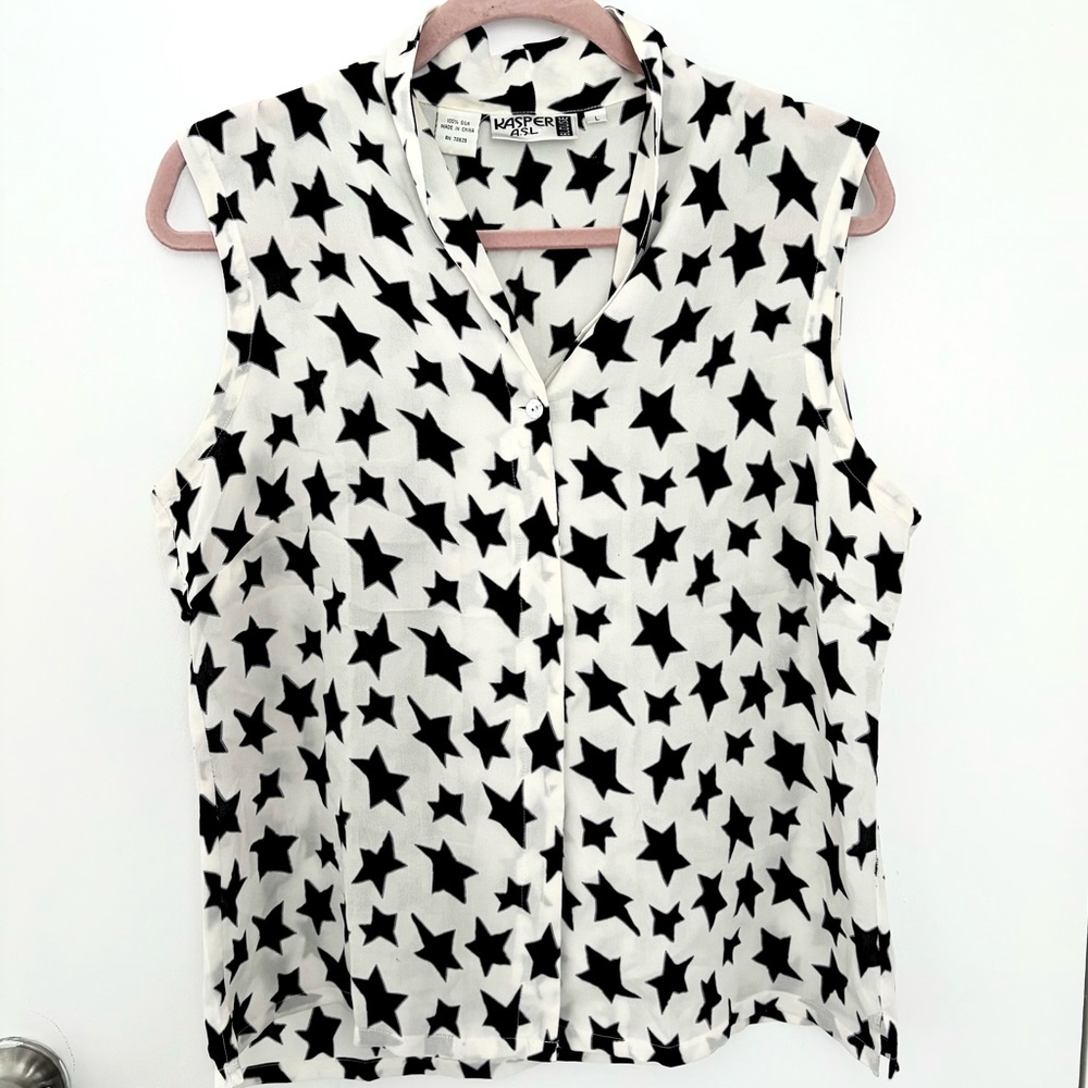 VTG Kasper Silk Sleeveless Blouse Tank Top White Black Star Pattern